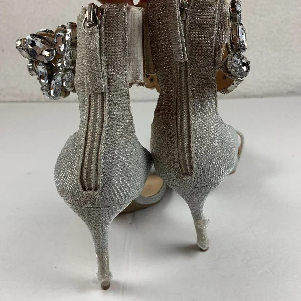 True Religion Braelynn Ankle Wrap Dress Heels 7.5M Jewel Embellished Silver 7963